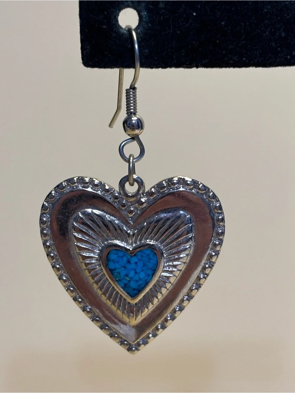 Silver Heart Dangle Earrings with Blue Accent 1-1/8”